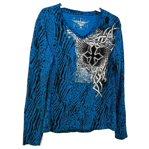 Rock & Roll Cowgirl BlackCross Blue Shirt Beads Graphic Wester 1X - Picture 2 of 12